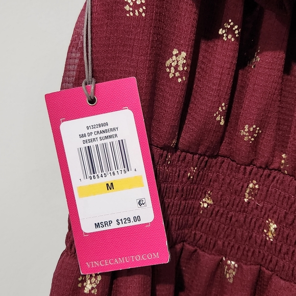 Vince Camuto Foil Accent Off the Shoulder Tiered Dress in Dp Cranberry size M - Picture 4 of 5